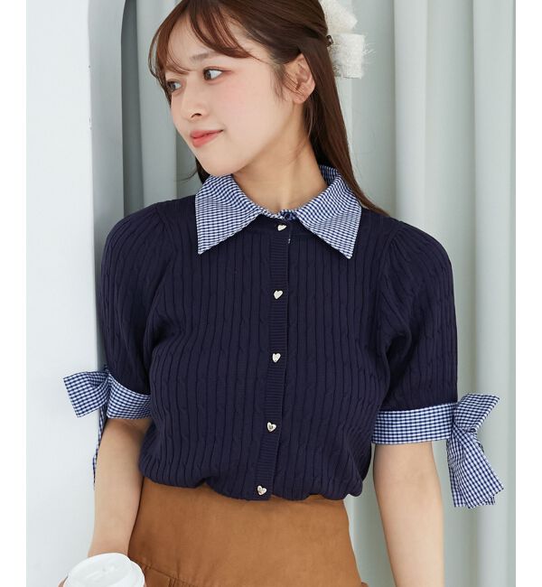  「袖リボンシャツドッキングカーデ」|カーディガン|