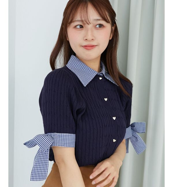  「袖リボンシャツドッキングカーデ」|カーディガン|