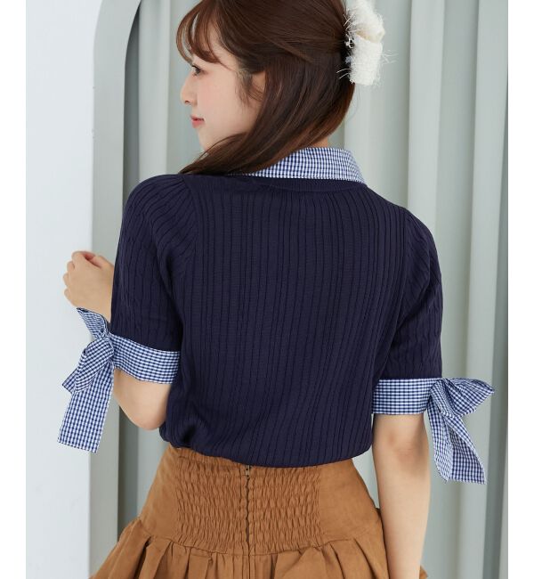  「袖リボンシャツドッキングカーデ」|カーディガン|