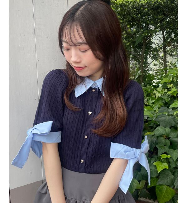  「袖リボンシャツドッキングカーデ」|カーディガン|ネイビー