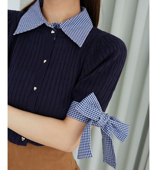  「袖リボンシャツドッキングカーデ」|カーディガン|ネイビー柄