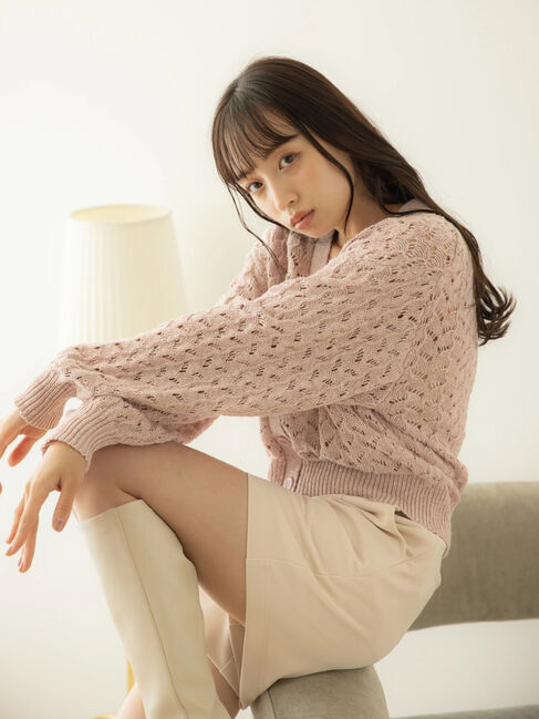 earth music&ecology「スラブコットンレース編みカーディガン」|カーディガン|Pink