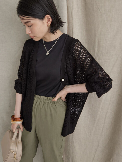  「Vネック透かし編みニットカーディガン」|カーディガン|