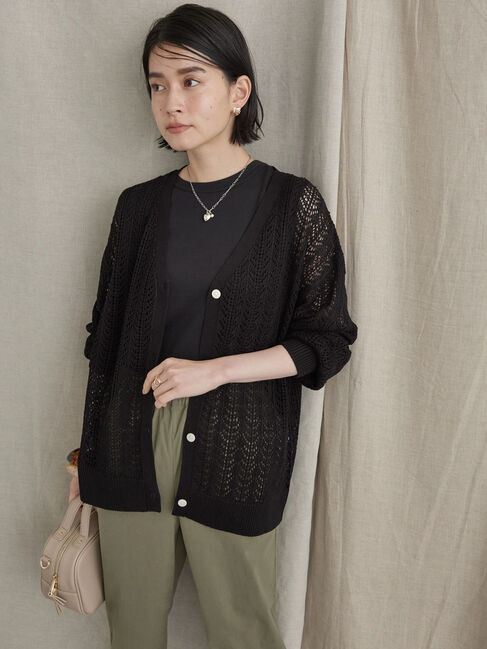  「Vネック透かし編みニットカーディガン」|カーディガン|