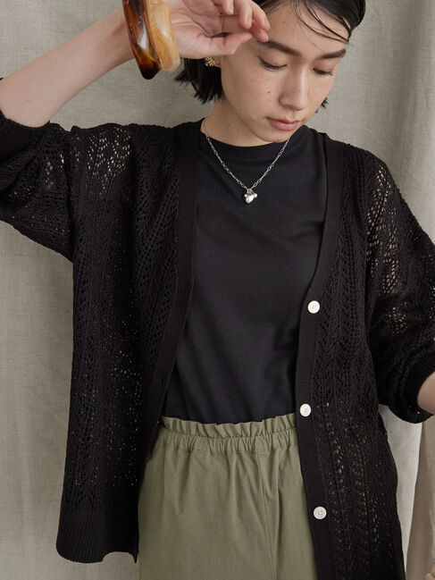  「Vネック透かし編みニットカーディガン」|カーディガン|