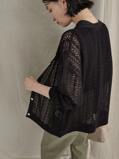  「Vネック透かし編みニットカーディガン」|カーディガン|