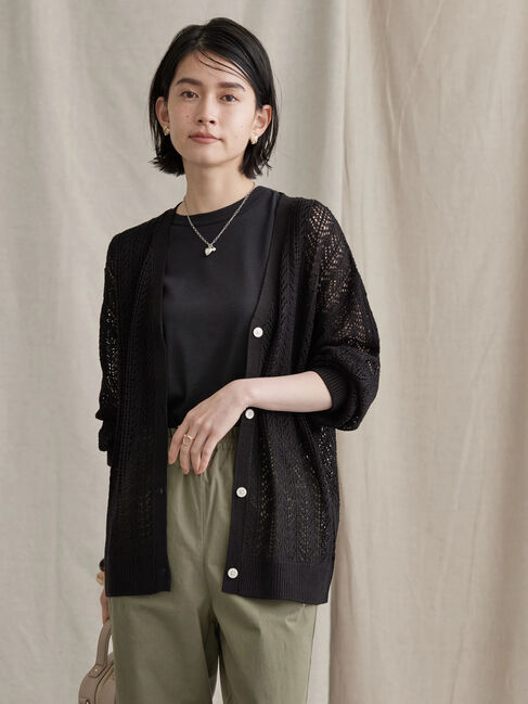  「Vネック透かし編みニットカーディガン」|カーディガン|