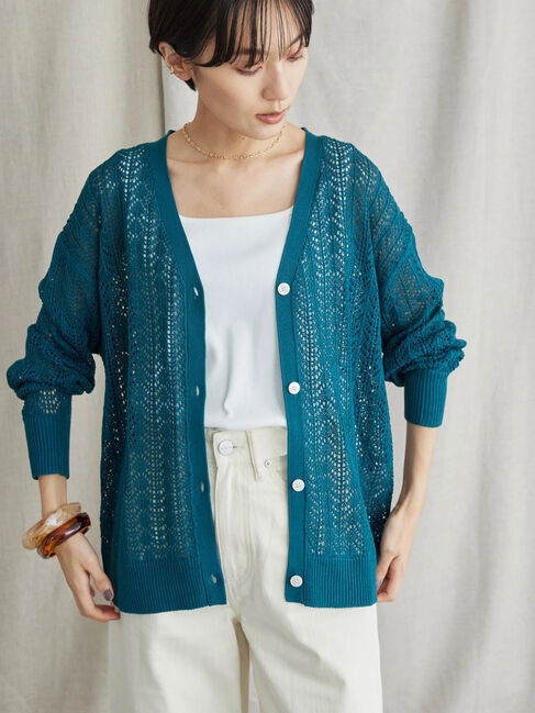  「Vネック透かし編みニットカーディガン」|カーディガン|ブルー