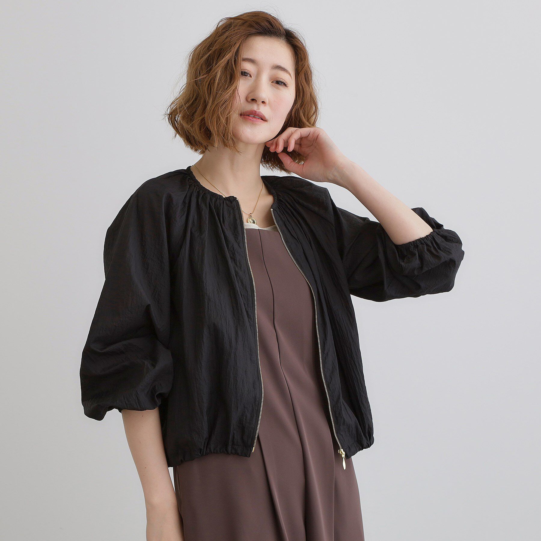 grove「【洗える】シアーナイロンギャザーブルゾン」|ブルゾン・スタジャン|ブラック(019)