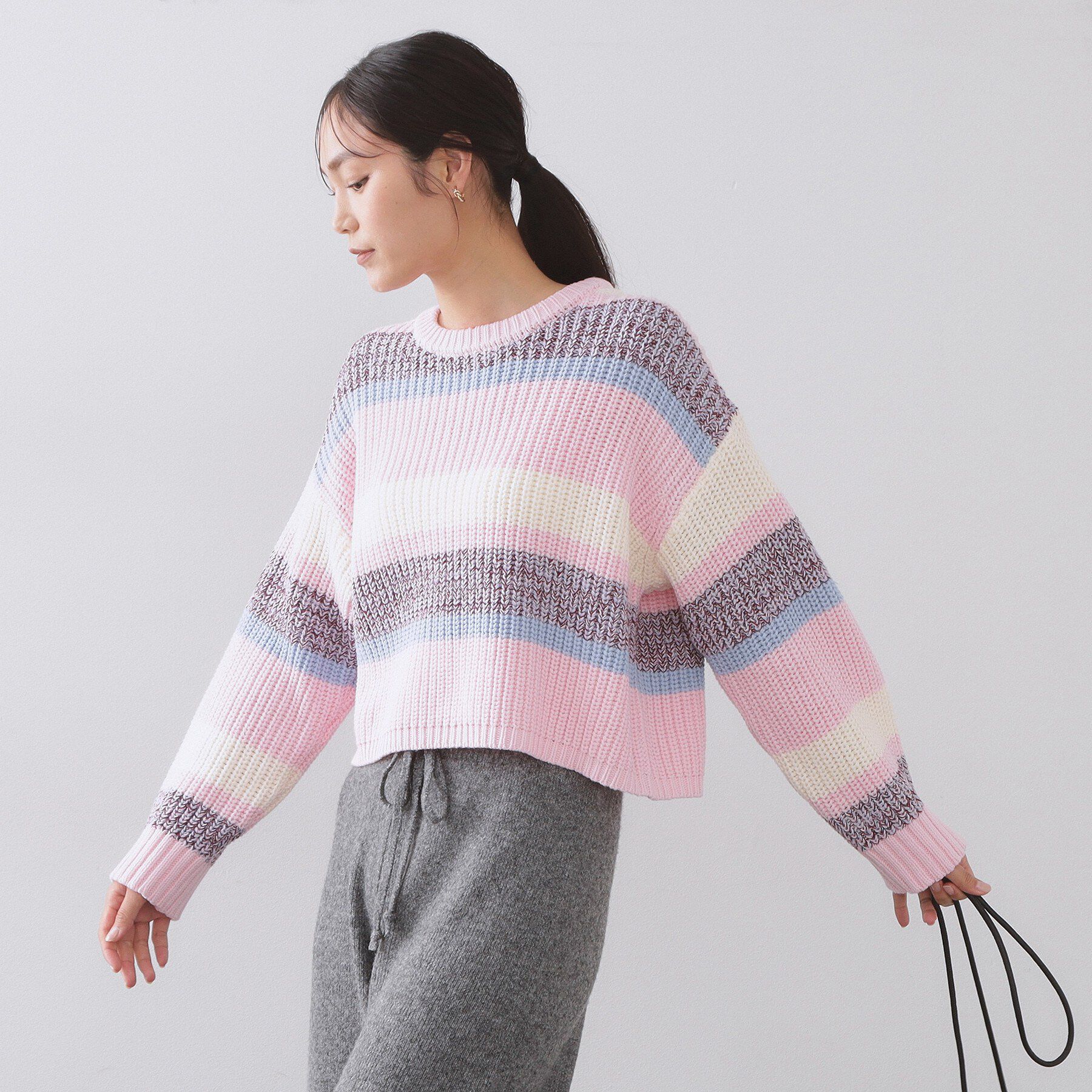 OPAQUE.CLIP「カラーボーダーミドルゲージニット」|ニット・セーター|ピンク(371)
