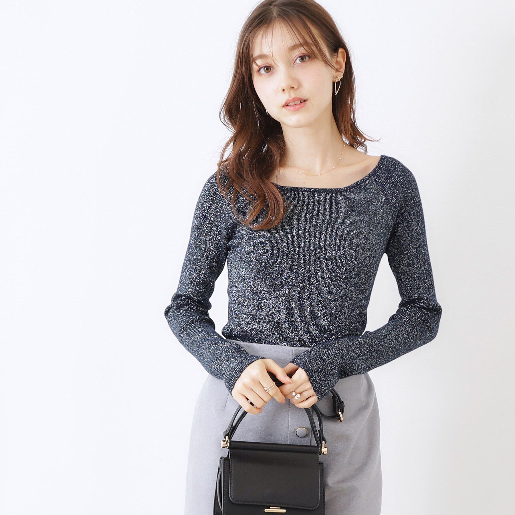 Couture broach「ラメ混ボートネックリブニットプルオーバー」|ニット・セーター|ネイビー(094)