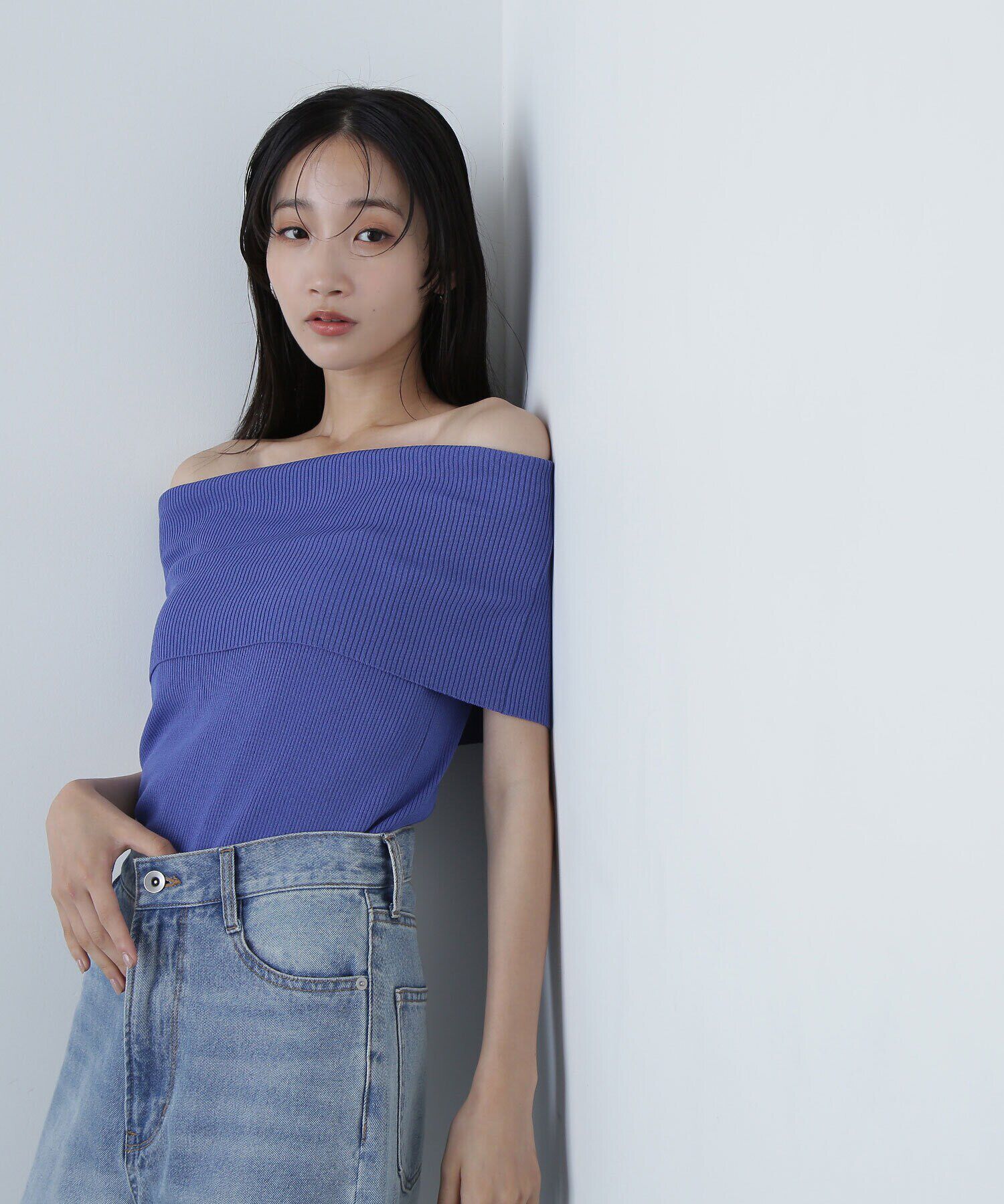  「ワイドオフショルリブニット」|ニット・セーター|ブルー1