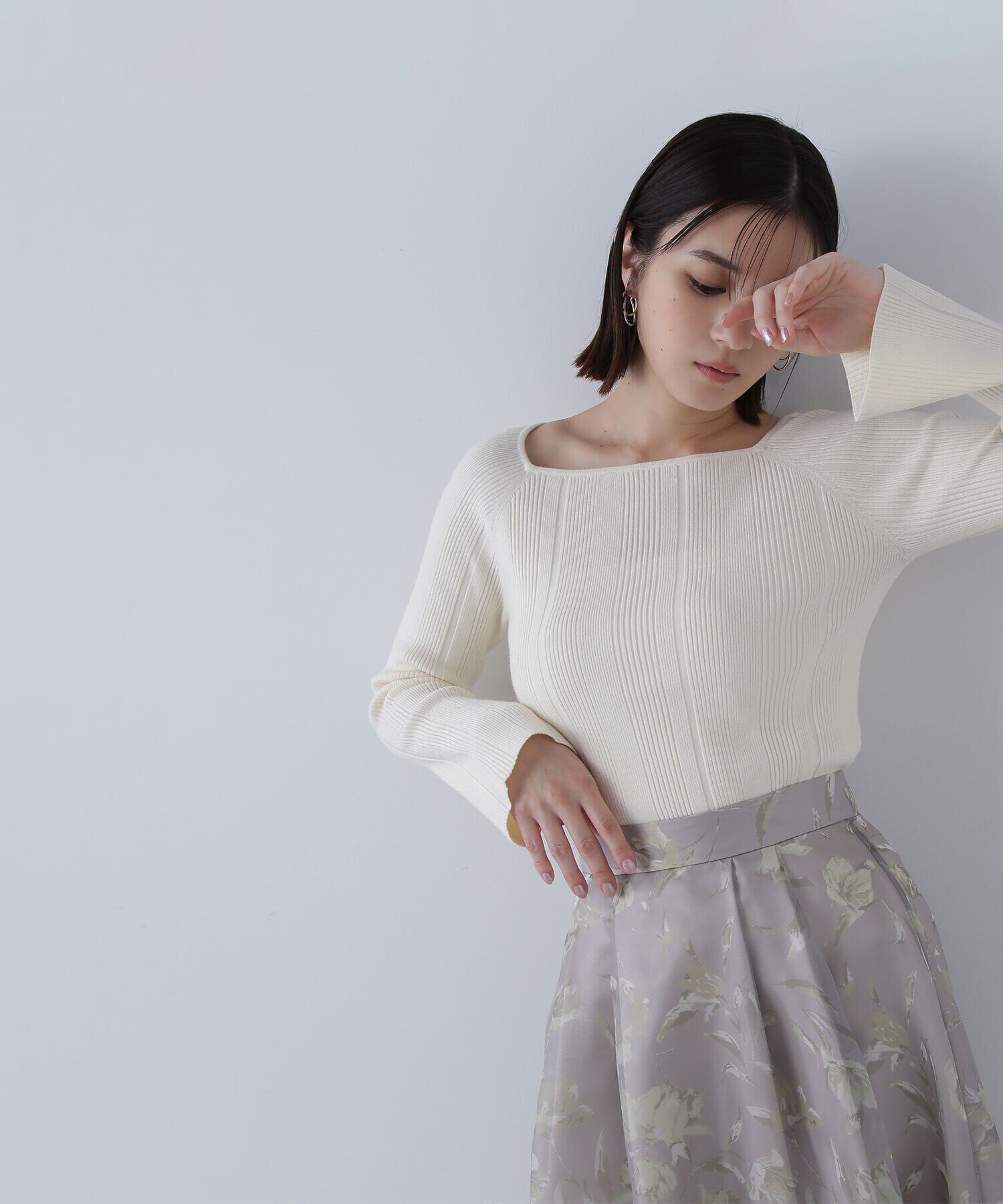  「スクエアネックランダムリブニット」|ニット・セーター|アイボリー1