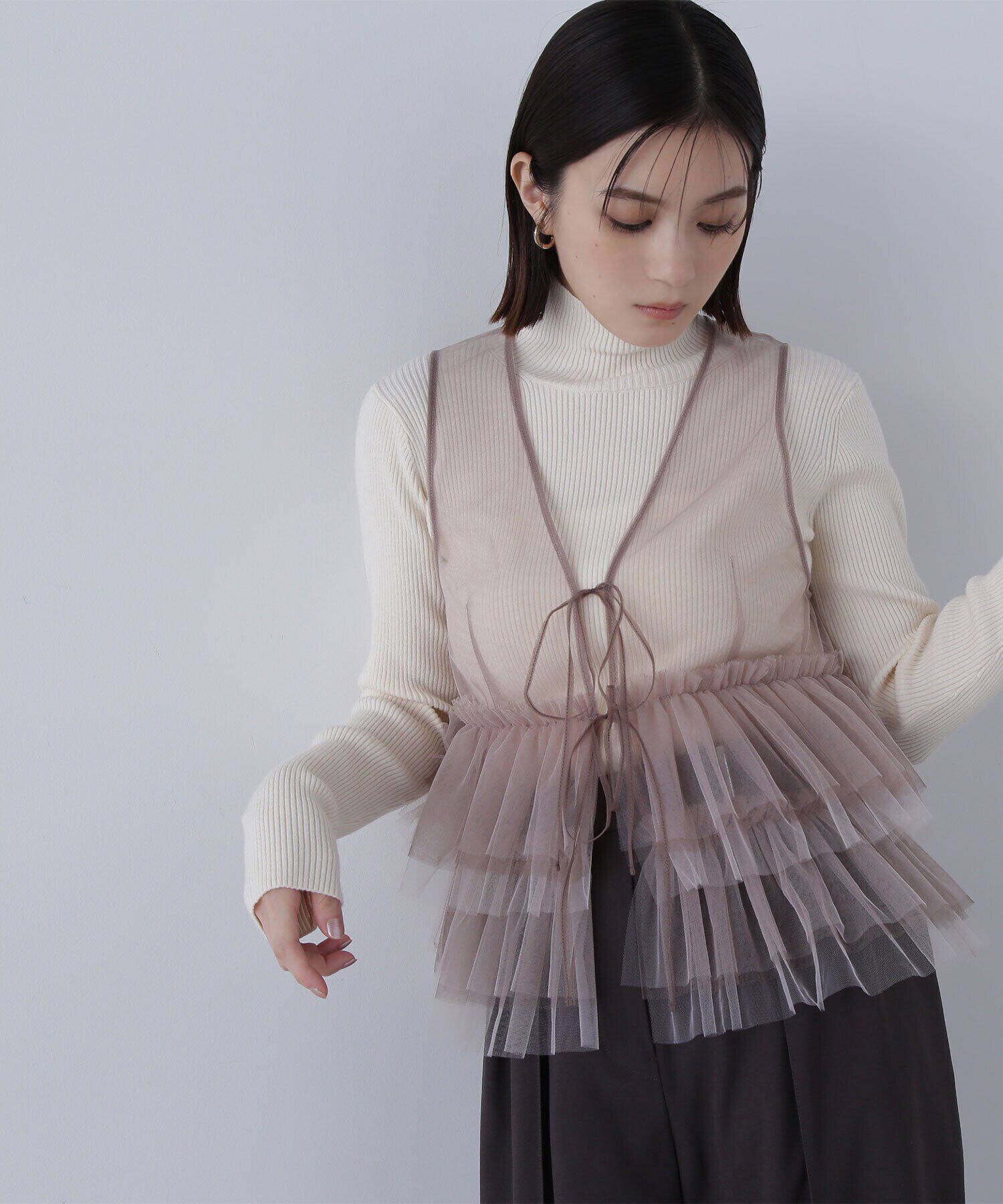  「チュールフリルトップス＆リブニット」|ニット・セーター|オフ系2