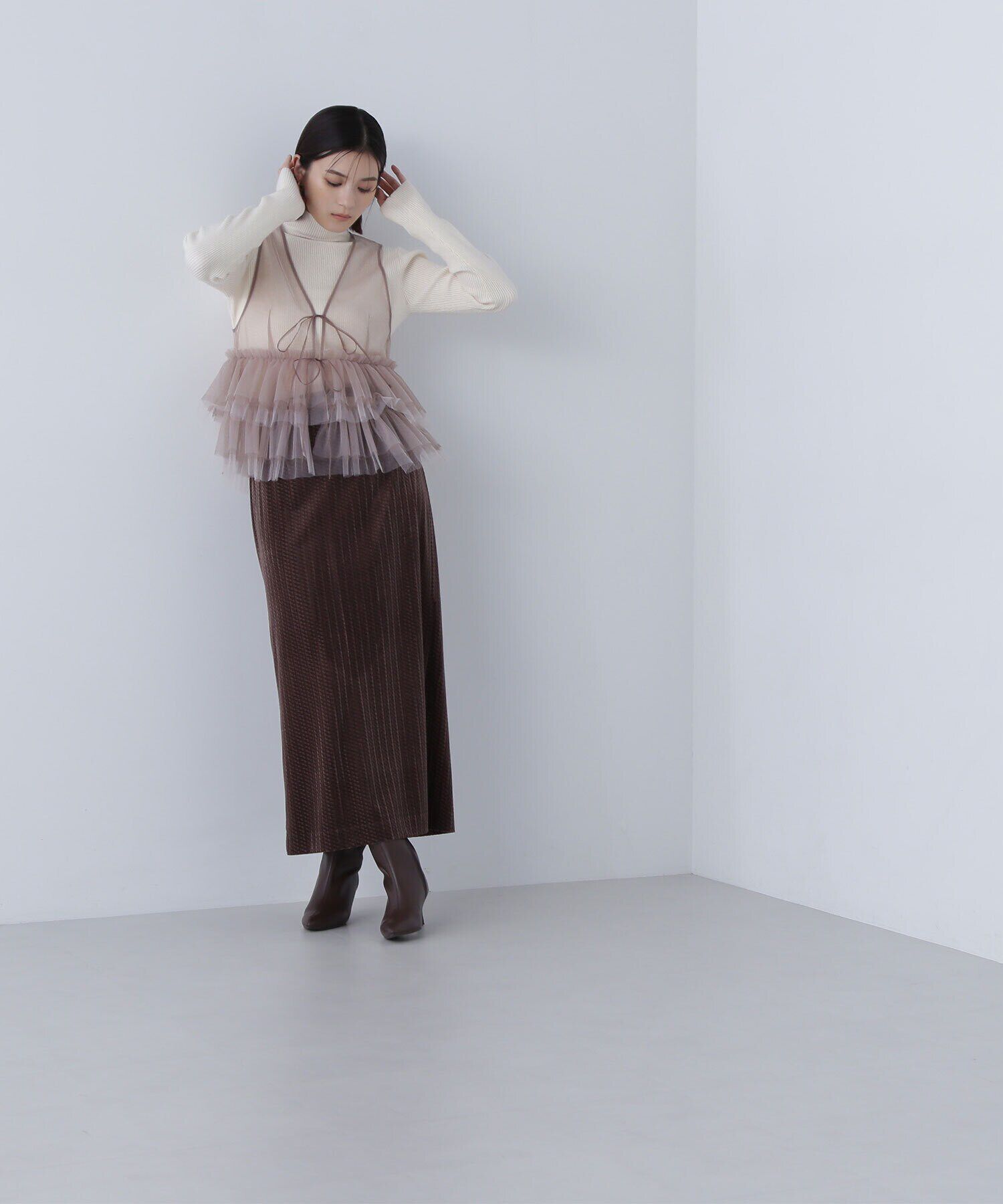  「チュールフリルトップス＆リブニット」|ニット・セーター|