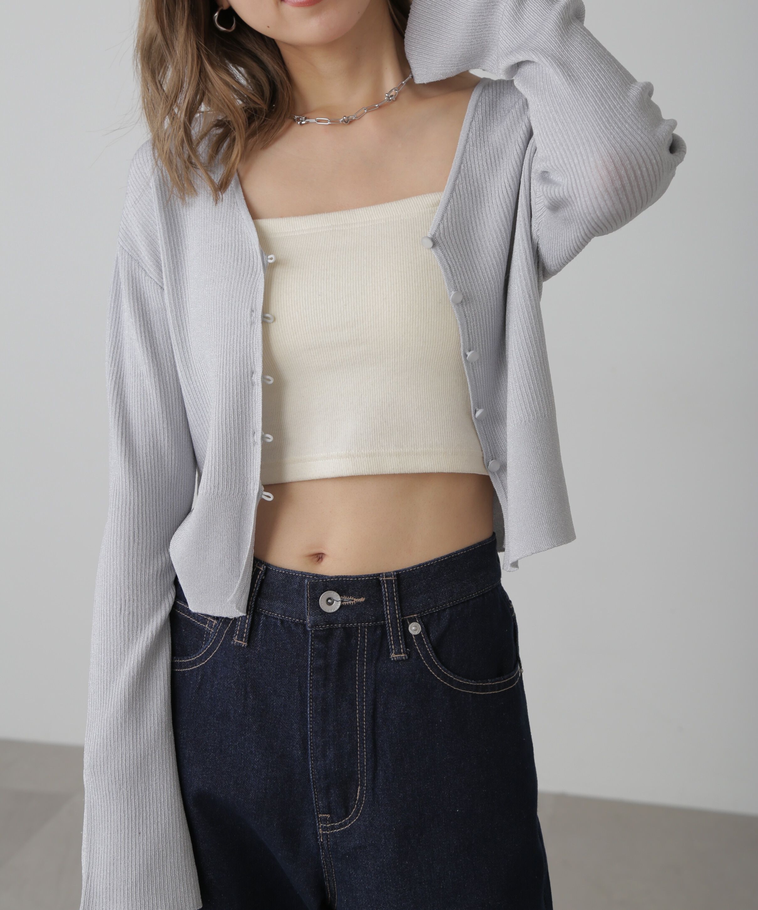  「Vネックラメリブニットカーディガン」|ニット・セーター|