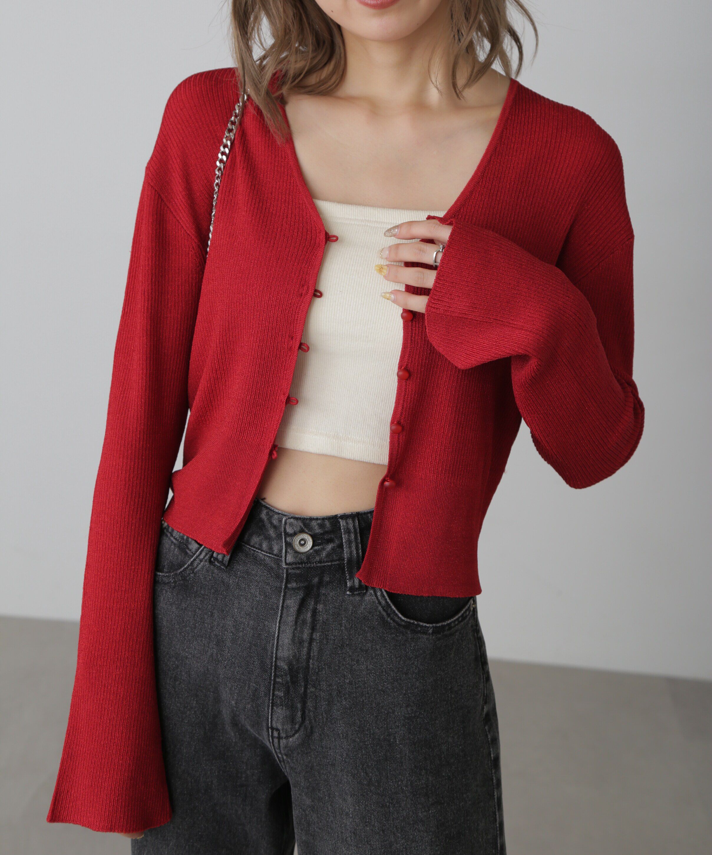  「Vネックラメリブニットカーディガン」|ニット・セーター|