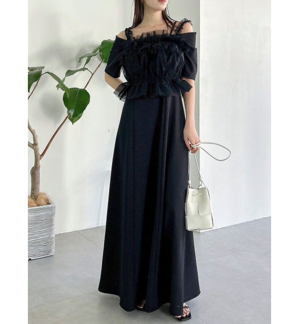 dazzlin「5分袖チュールギャザービスチェワンピース」|ワンピース|ブラック