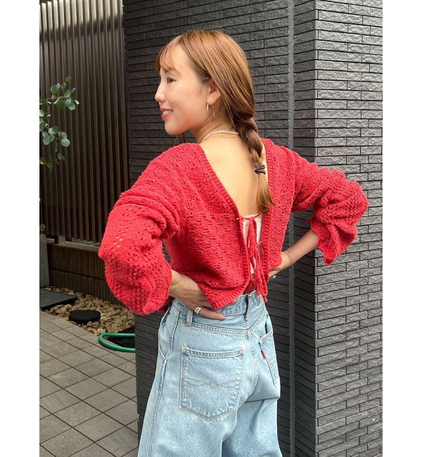 Ungrid「2Way透かし編みニットカーディガン」|カーディガン|レッド