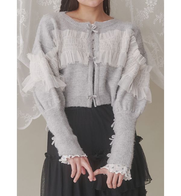 merry jenny「シャーリングチュールニットカーディガン」|カーディガン|グレー