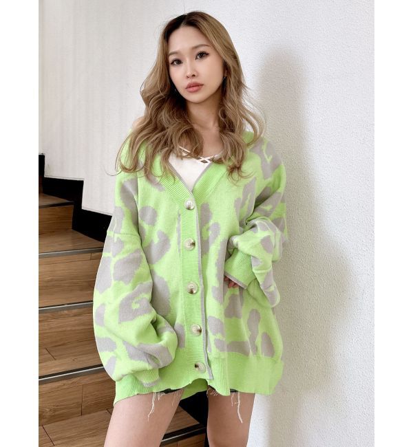 GYDA「Gレオパードハイゲージニットカーディガン」|カーディガン|ライム