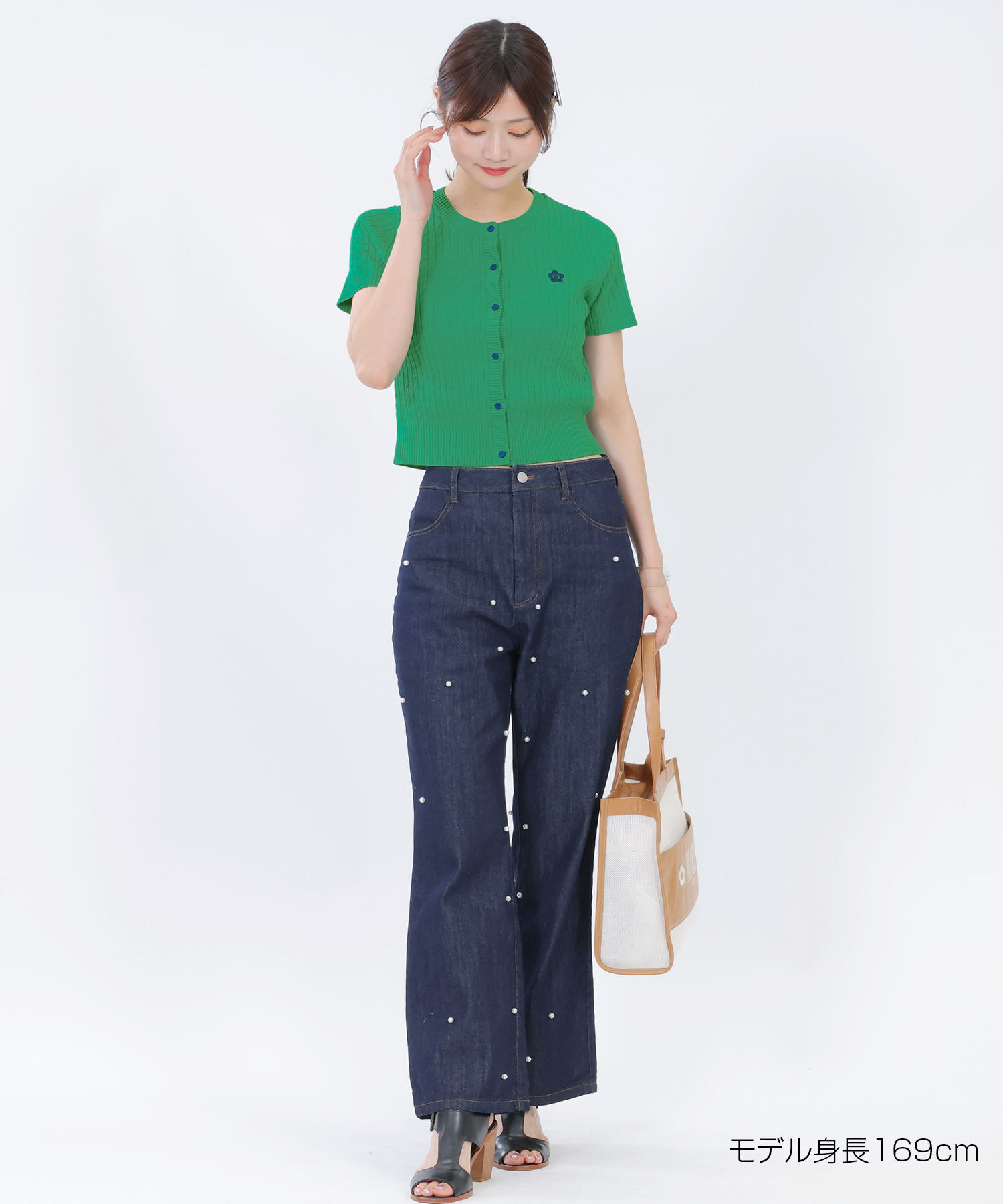 MARY QUANT「デイジーワンポイント半袖ケーブル カーディガン」|Tシャツ・カットソー|グリーン