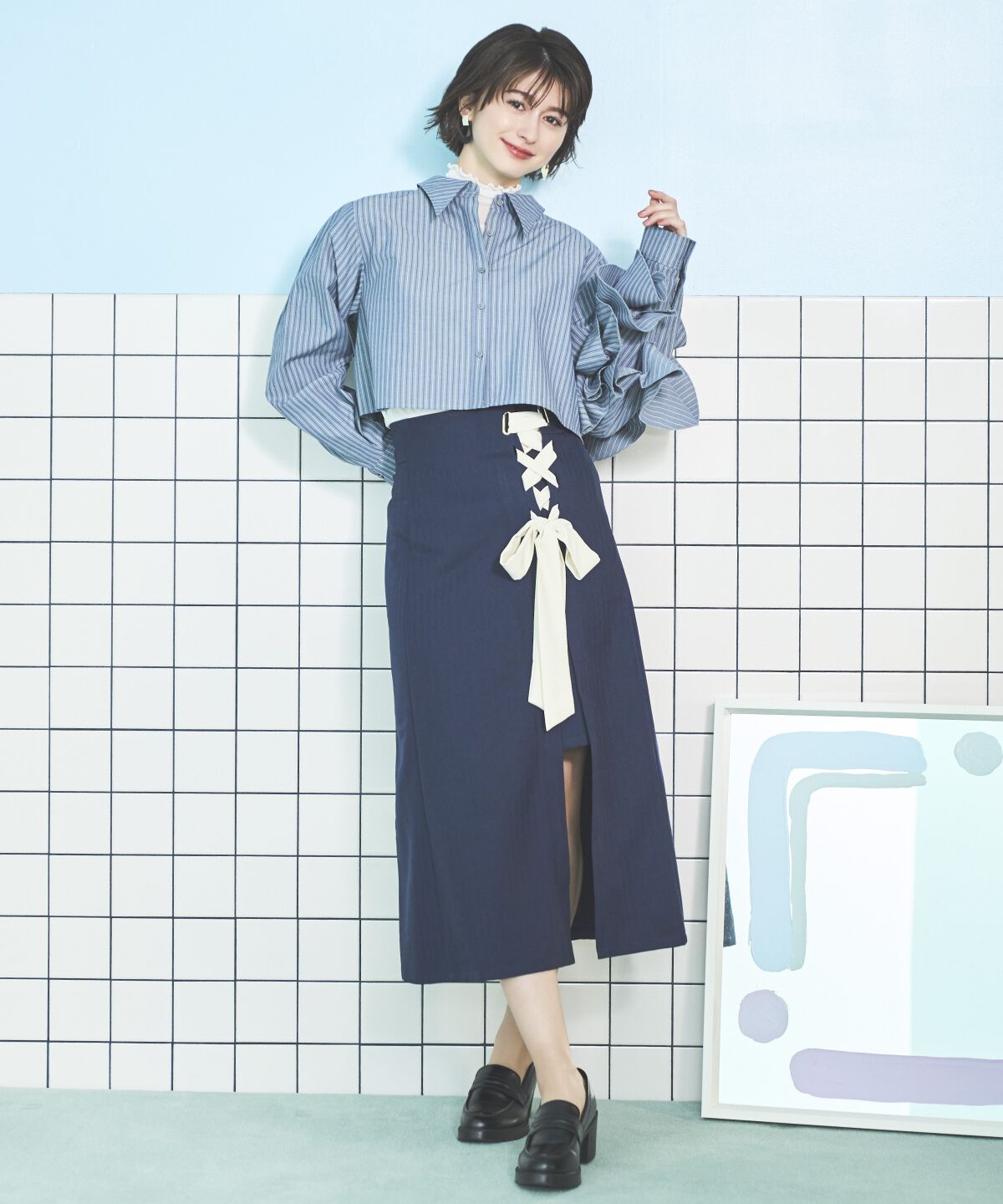 アンドクチュール「サイドレースアップリボンスリットスカート」|タイト|