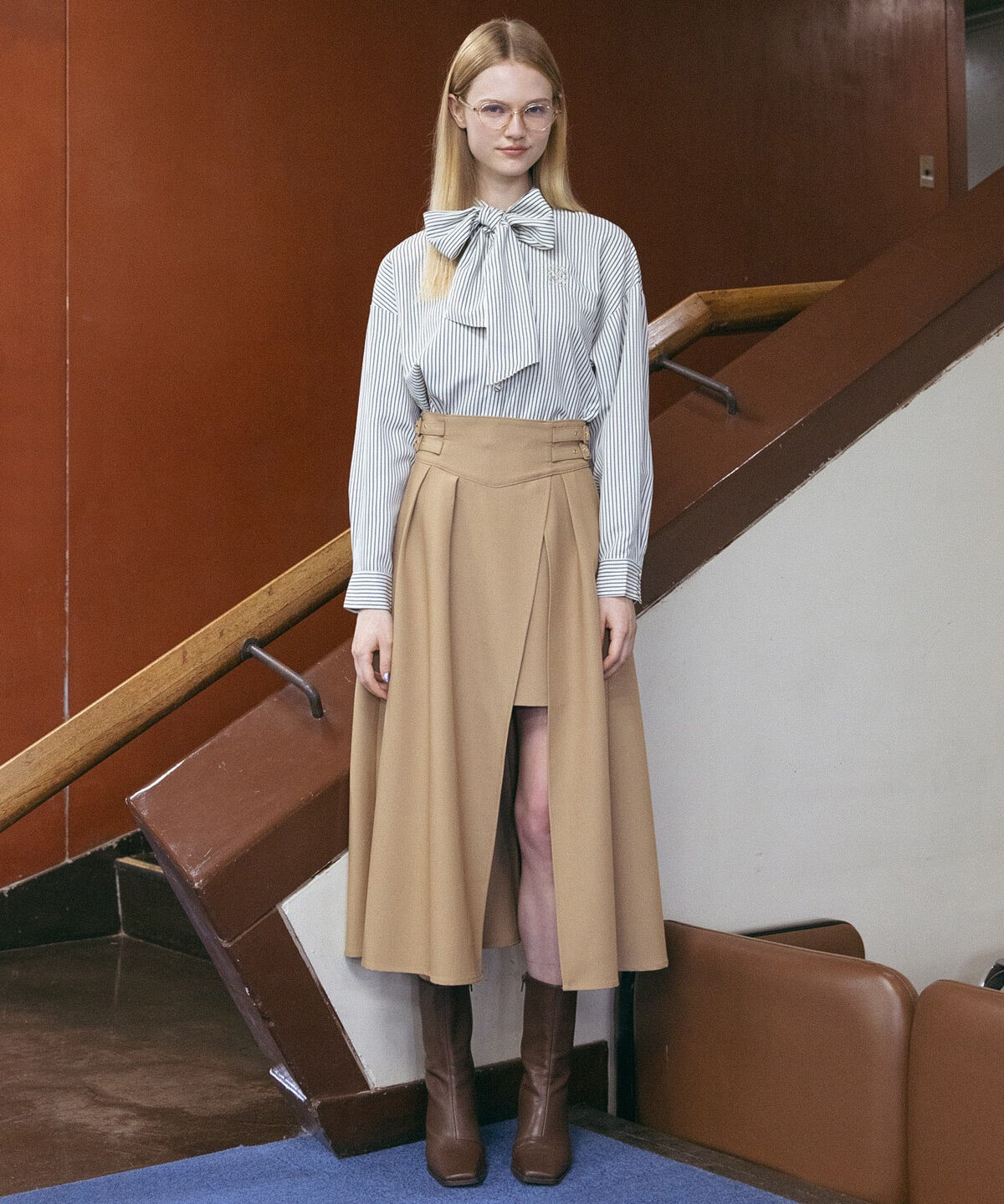 REDYAZEL「ダブルベルトレイヤードスカート」|フレア|キャメル