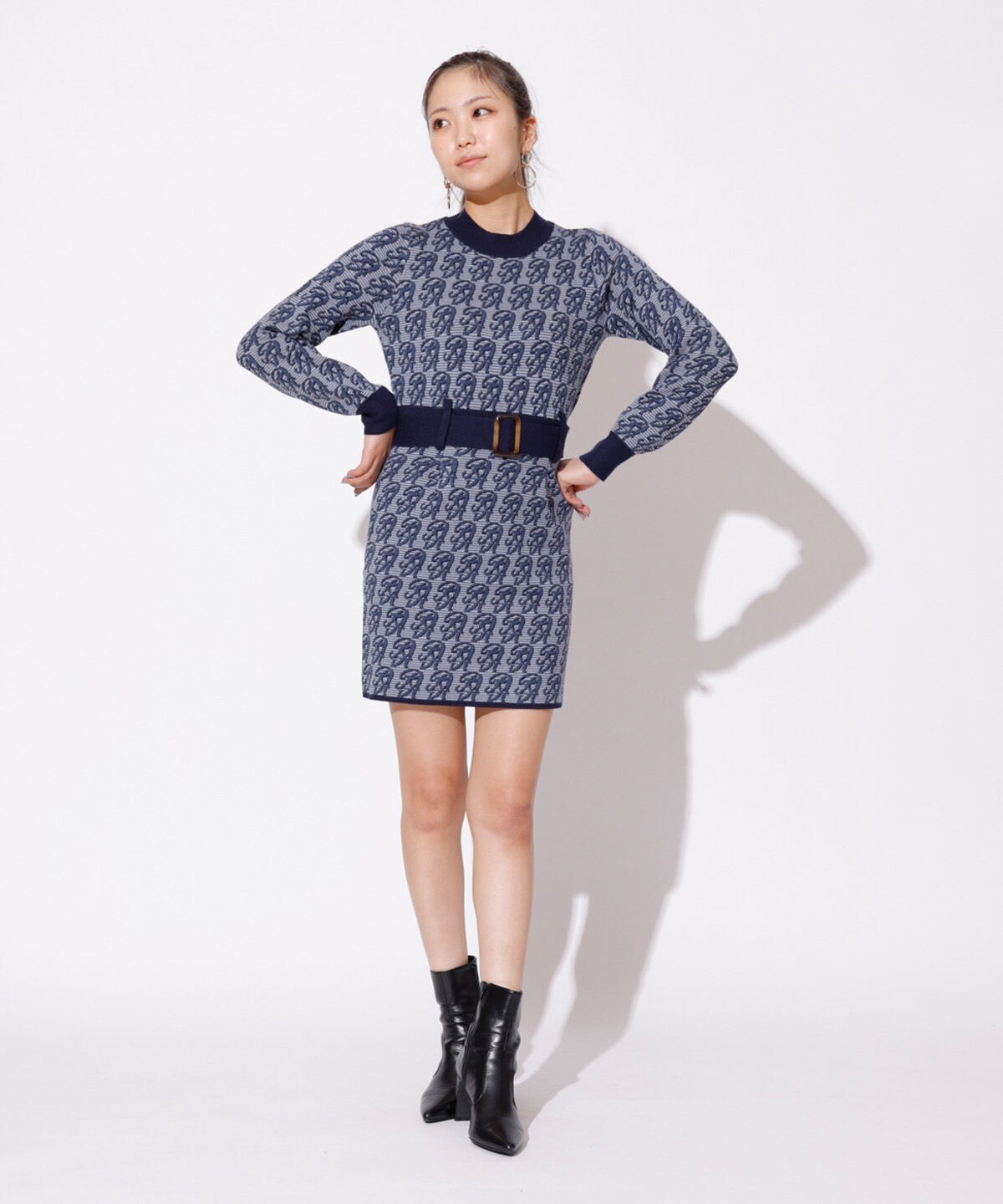 REDYAZEL「モノグラムジャガードニットワンピース」|ワンピース|ブルー