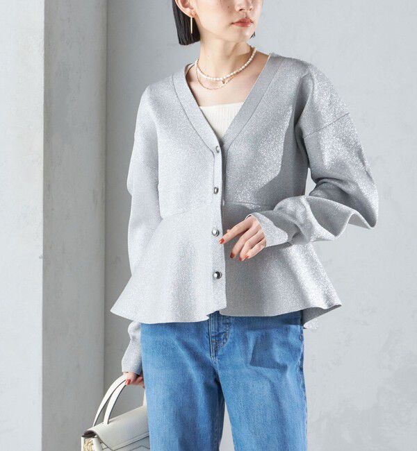 SHIPS for women「* 〈手洗い可能〉ラメ ペプラム バナナ スリーブ カーディガン 24SS ◇」|カーディガン|シルバー