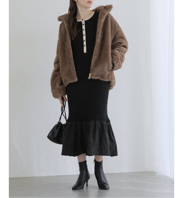  「【洗える】裾ドッキングニットワンピース」|ワンピース|ブラック