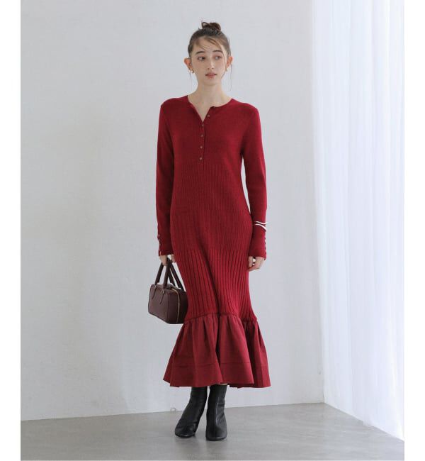  「【洗える】裾ドッキングニットワンピース」|ワンピース|