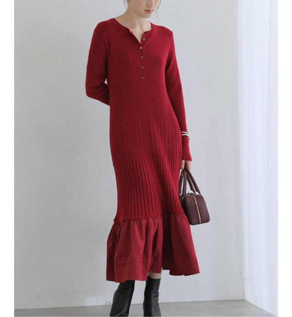  「【洗える】裾ドッキングニットワンピース」|ワンピース|