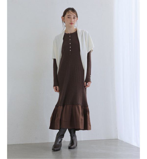  「【洗える】裾ドッキングニットワンピース」|ワンピース|