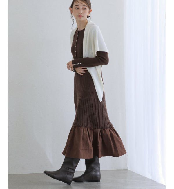  「【洗える】裾ドッキングニットワンピース」|ワンピース|ブラウン