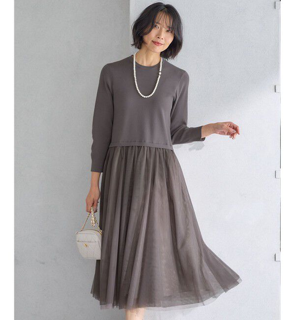 23区「【洗える】チュールコンビ ワンピース」|ワンピース|ブラウン系