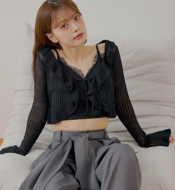  「フロントボタンシアーフリルボレロカーディガン」|カーディガン|