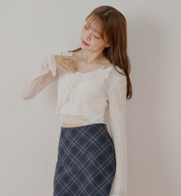  「フロントボタンシアーフリルボレロカーディガン」|カーディガン|