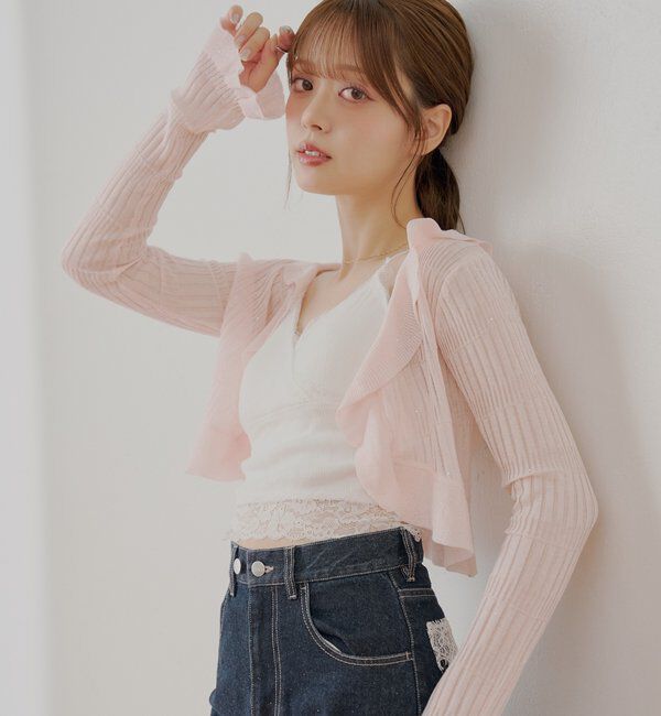  「フロントボタンシアーフリルボレロカーディガン」|カーディガン|ピンク