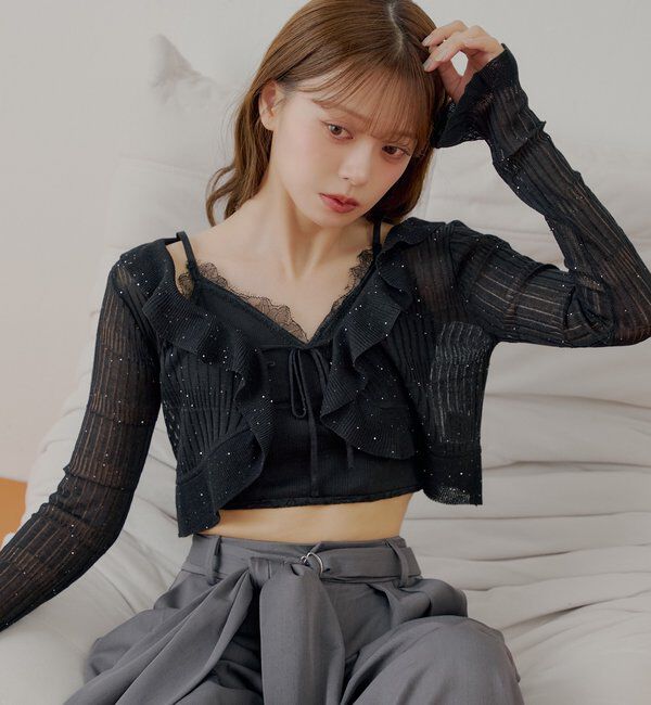  「フロントボタンシアーフリルボレロカーディガン」|カーディガン|ブラック