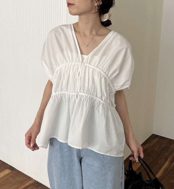 「ギャザーVノースリシャツ」|シャツ・ブラウス|