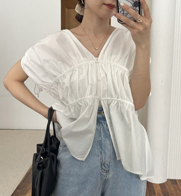  「ギャザーVノースリシャツ」|シャツ・ブラウス|