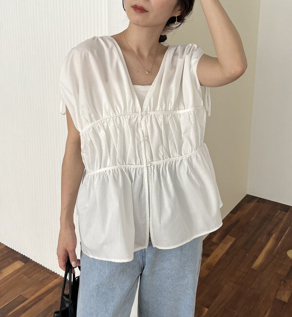  「ギャザーVノースリシャツ」|シャツ・ブラウス|