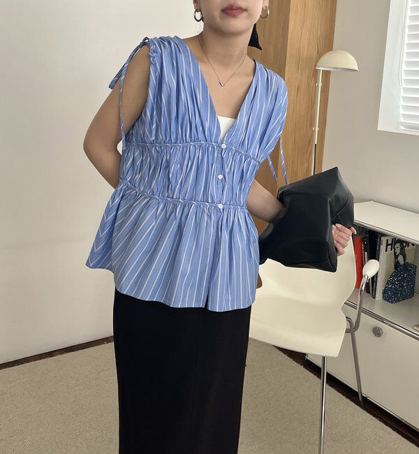  「ギャザーVノースリシャツ」|シャツ・ブラウス|