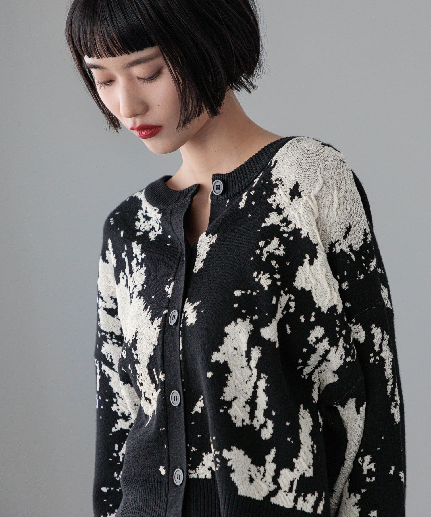 LOWRYS FARM「ボカシジャガードカーディガン」|ニット・セーター|BLK