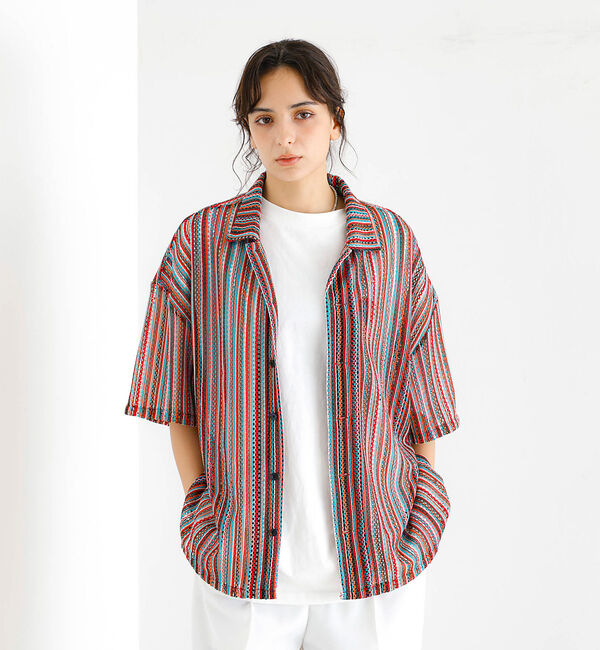 ABAHOUSE「【Revo./レボ】透かし編みニットオープンカラーストライプ半端袖シャツ」|シャツ・ブラウス|レッド