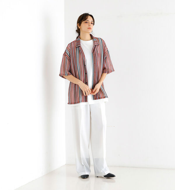 ABAHOUSE「【Revo./レボ】透かし編みニットオープンカラーストライプ半端袖シャツ」|シャツ・ブラウス|