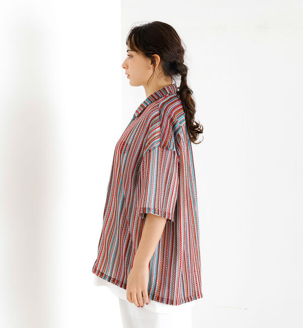 ABAHOUSE「【Revo./レボ】透かし編みニットオープンカラーストライプ半端袖シャツ」|シャツ・ブラウス|