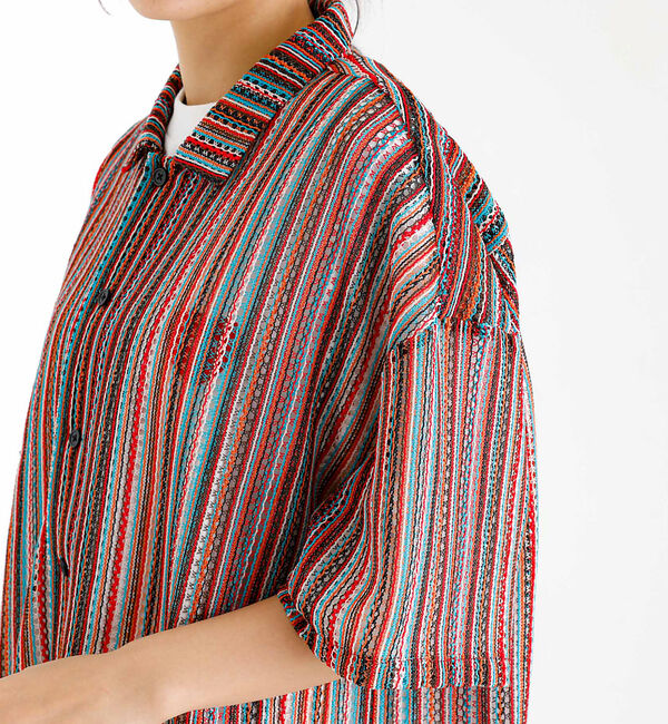 ABAHOUSE「【Revo./レボ】透かし編みニットオープンカラーストライプ半端袖シャツ」|シャツ・ブラウス|