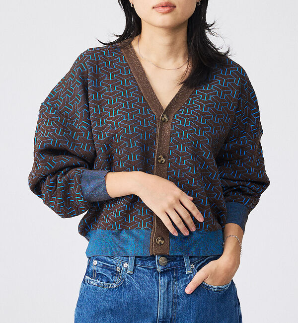 Rouge vif「【Le Melange/ル・メランジュ】ジャガードVネックカーディガン / 幾何」|カーディガン|ブラウン